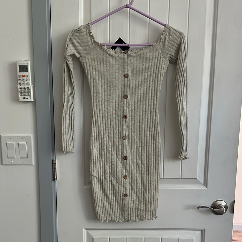 Fashion Nova Tan Ribbed Long Sleeve Bodycon Dress